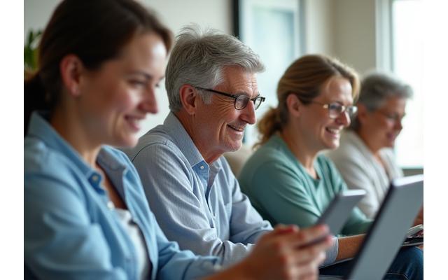 Diverse group of adults engaging in an online discussion forum, smiling and interacting