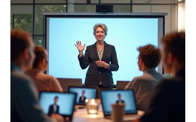 Wellness expert leading a virtual workshop with an engaged audience on screen